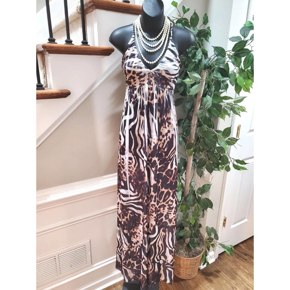 IB Diffusion Women's White & Brown Polyester V-Neck Sleeveless Long Maxi Dress S
